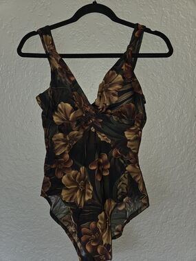 Miraclesuit Olive Green and Mustard Floral One-Piece Swimsuit